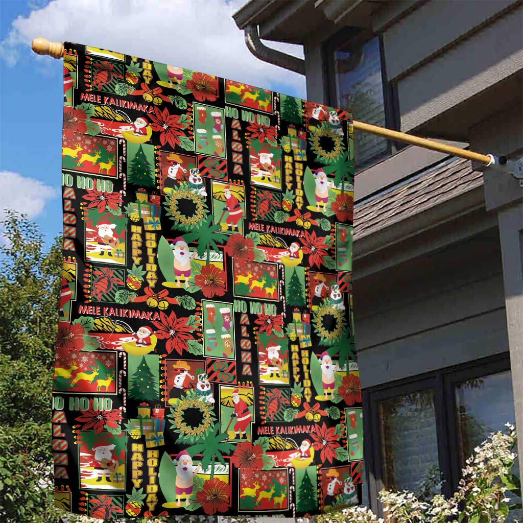 Hawaiian Santa Christmas Pattern Garden Flag Black Version - Polynesian Pride