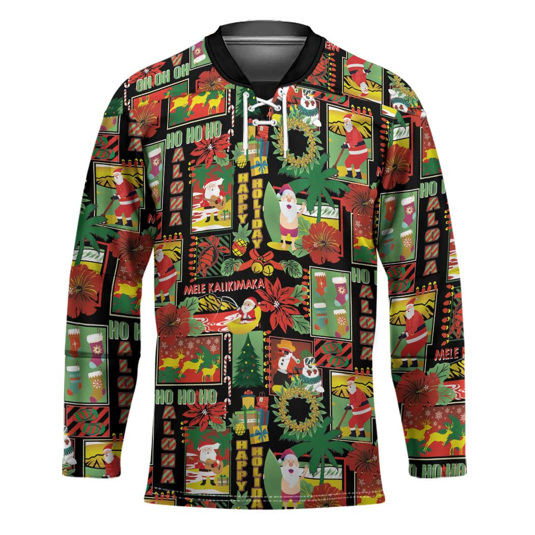 Hawaiian Santa Christmas Pattern Hockey Jersey Black Version - Polynesian Pride