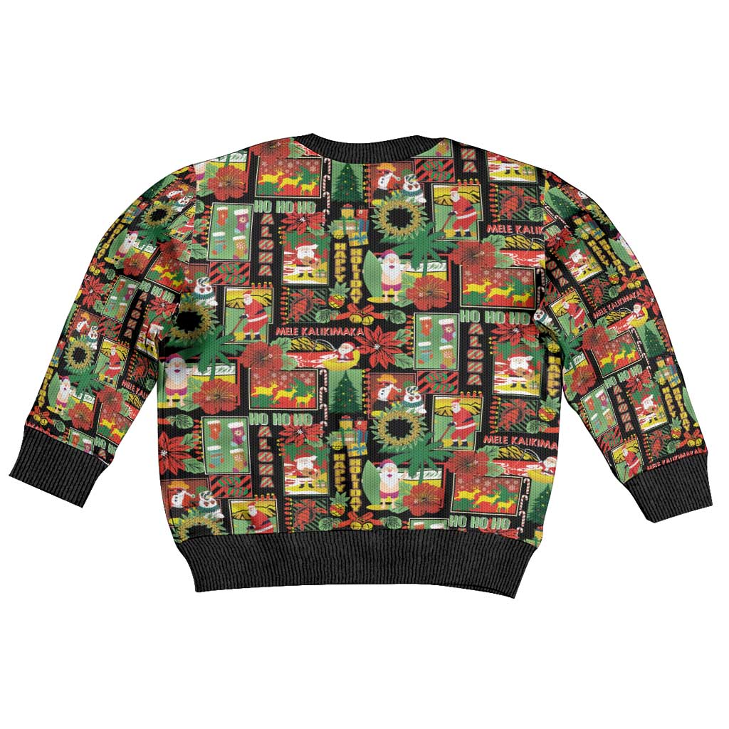 Hawaiian Santa Christmas Pattern Kid Ugly Christmas Sweater Black Version - Polynesian Pride