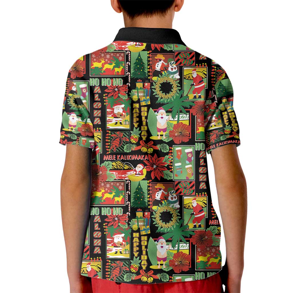 Hawaiian Santa Christmas Pattern Kid Polo Shirt Black Version - Polynesian Pride
