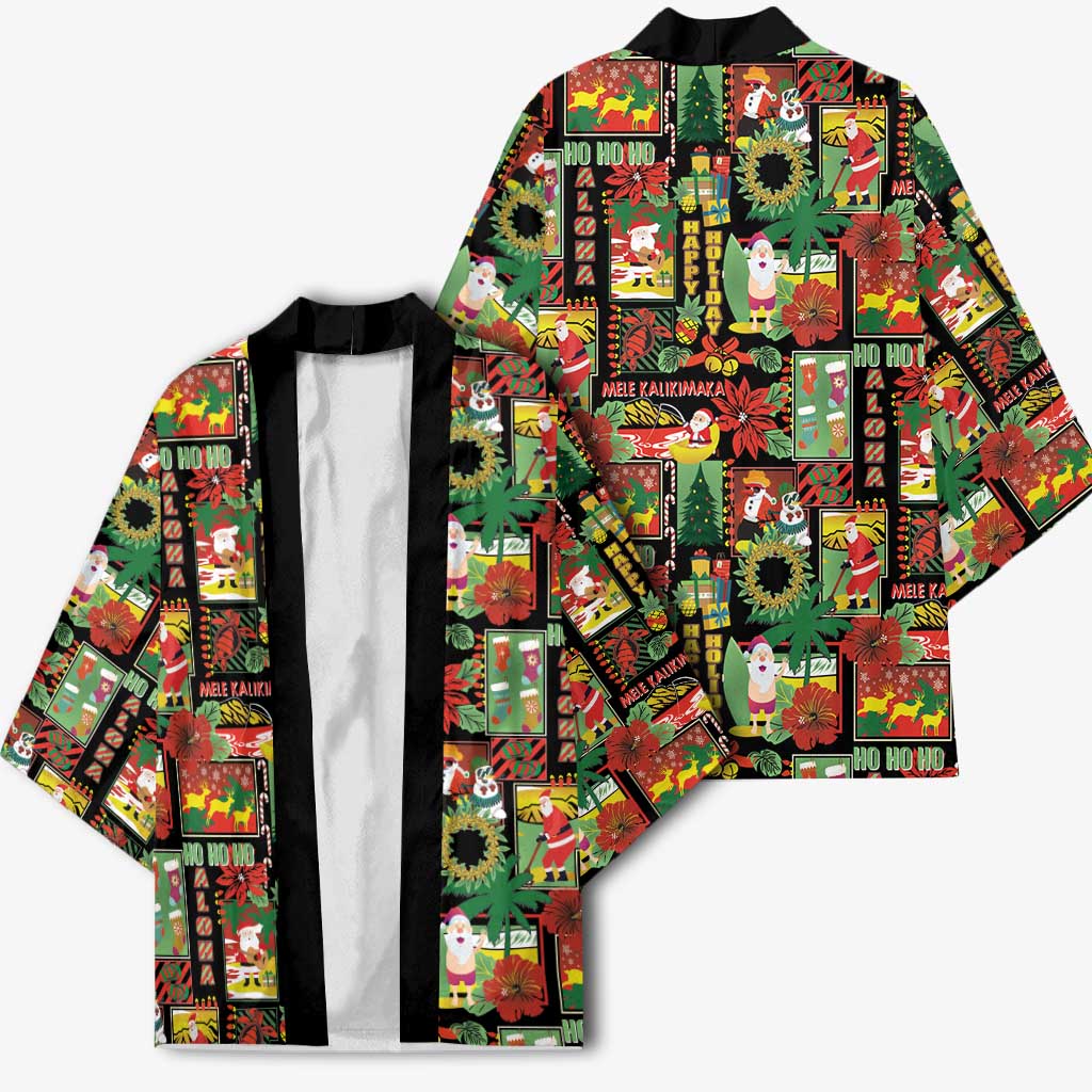 Hawaiian Santa Christmas Pattern Kimono Black Version - Polynesian Pride