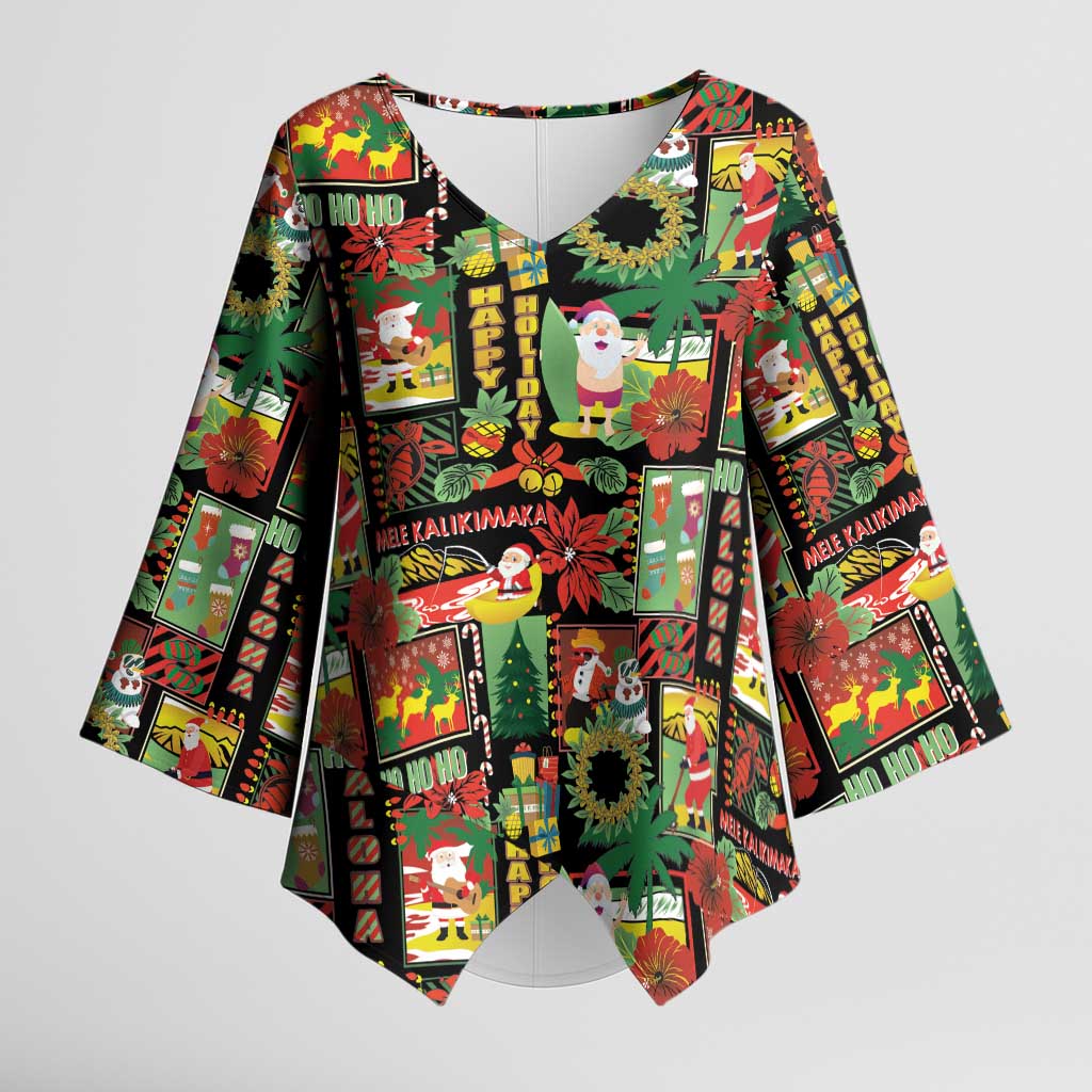 Hawaiian Santa Christmas Pattern Kimono Sleeve Blouse Black Version - Polynesian Pride