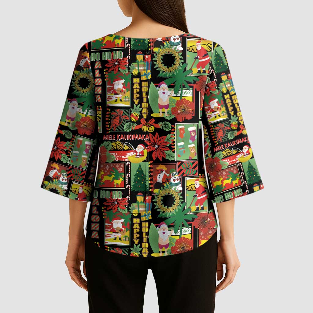 Hawaiian Santa Christmas Pattern Kimono Sleeve Blouse Black Version - Polynesian Pride