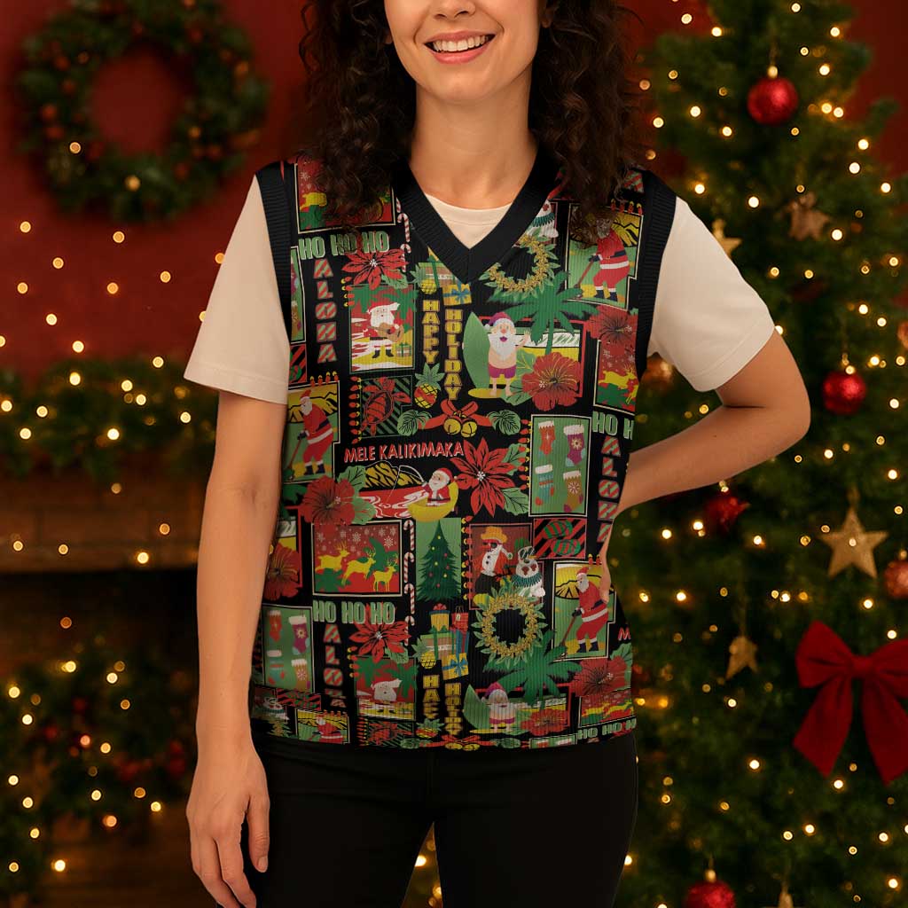 Hawaiian Santa Christmas Pattern Christmas Knitted V-Neck Vest Black Version - Polynesian Pride