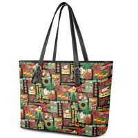 Hawaiian Santa Christmas Pattern Leather Tote Bag Black Version - Polynesian Pride