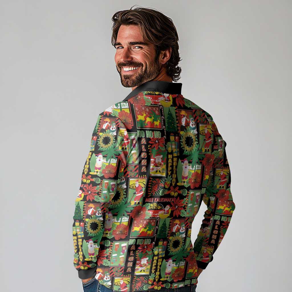 Hawaiian Santa Christmas Pattern Long Sleeve Polo Shirt Black Version - Polynesian Pride