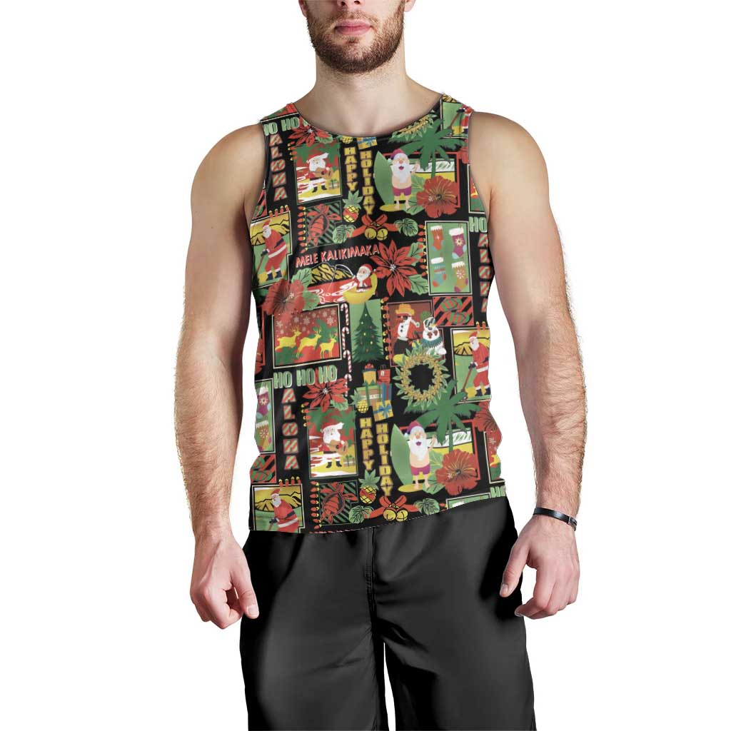 Hawaiian Santa Christmas Pattern Men Tank Top Black Version - Polynesian Pride