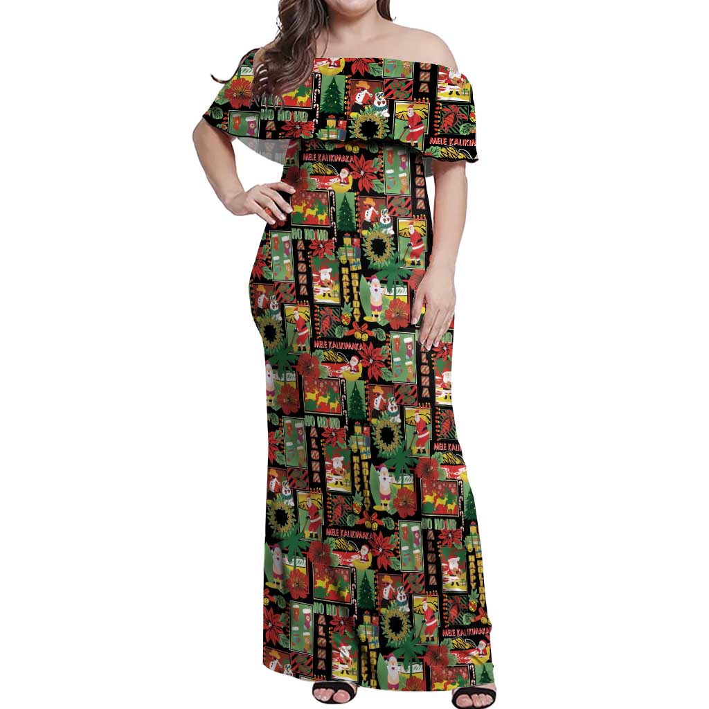 Hawaiian Santa Christmas Pattern Off Shoulder Maxi Dress Black Version - Polynesian Pride