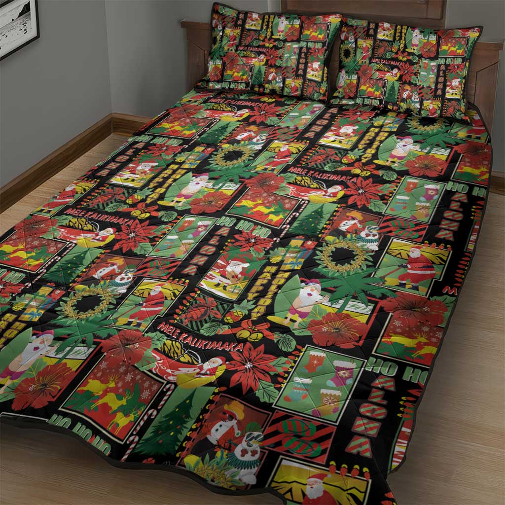 Hawaiian Santa Christmas Pattern Quilt Bed Set Black Version - Polynesian Pride