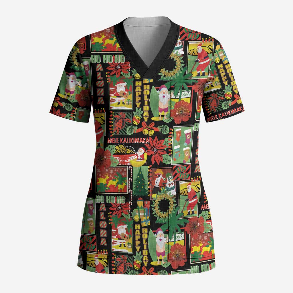 Hawaiian Santa Christmas Pattern Scrub Top Black Version - Polynesian Pride