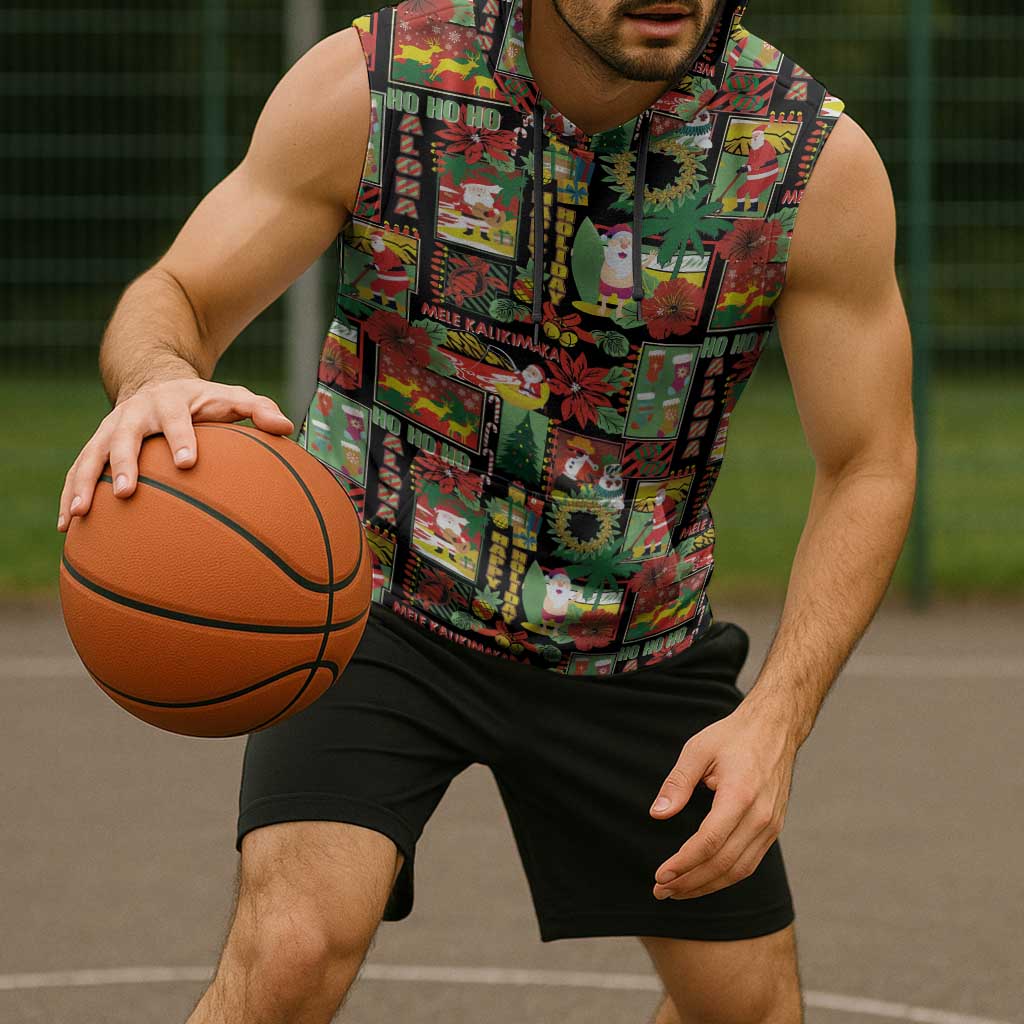 Hawaiian Santa Christmas Pattern Sleeveless Hoodie Black Version - Polynesian Pride
