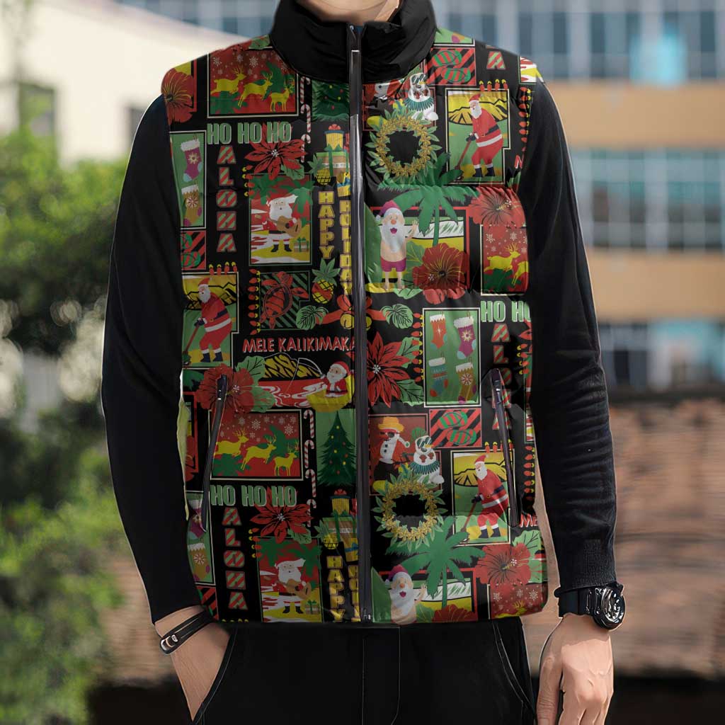 Hawaiian Santa Christmas Pattern Sleeveless Puffer Jacket Black Version - Polynesian Pride