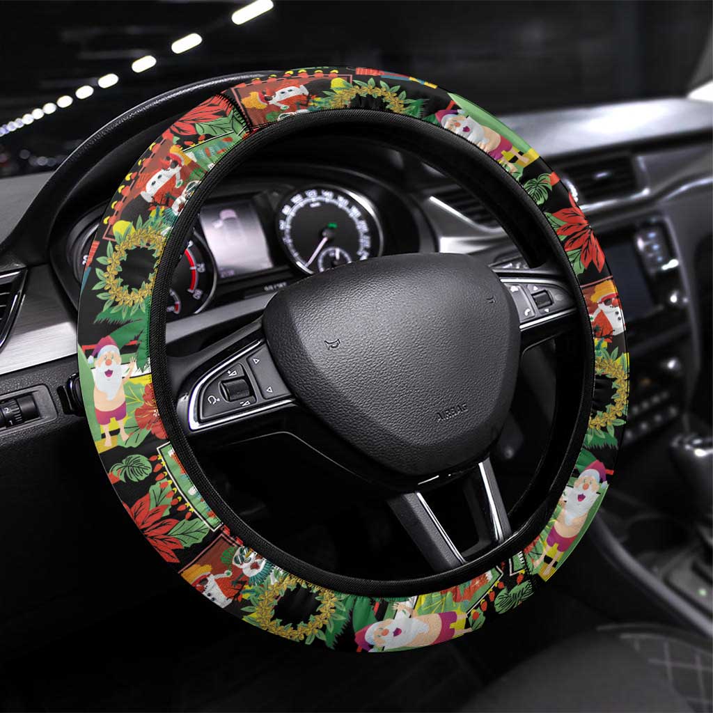 Hawaiian Santa Christmas Pattern Steering Wheel Cover Black Version - Polynesian Pride