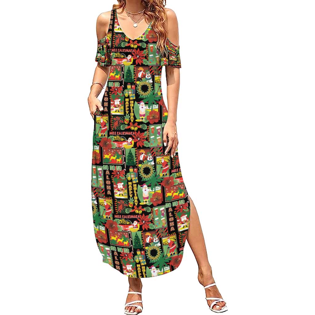 Hawaiian Santa Christmas Pattern Summer Maxi Dress Black Version - Polynesian Pride
