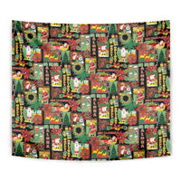 Hawaiian Santa Christmas Pattern Tapestry Black Version - Polynesian Pride