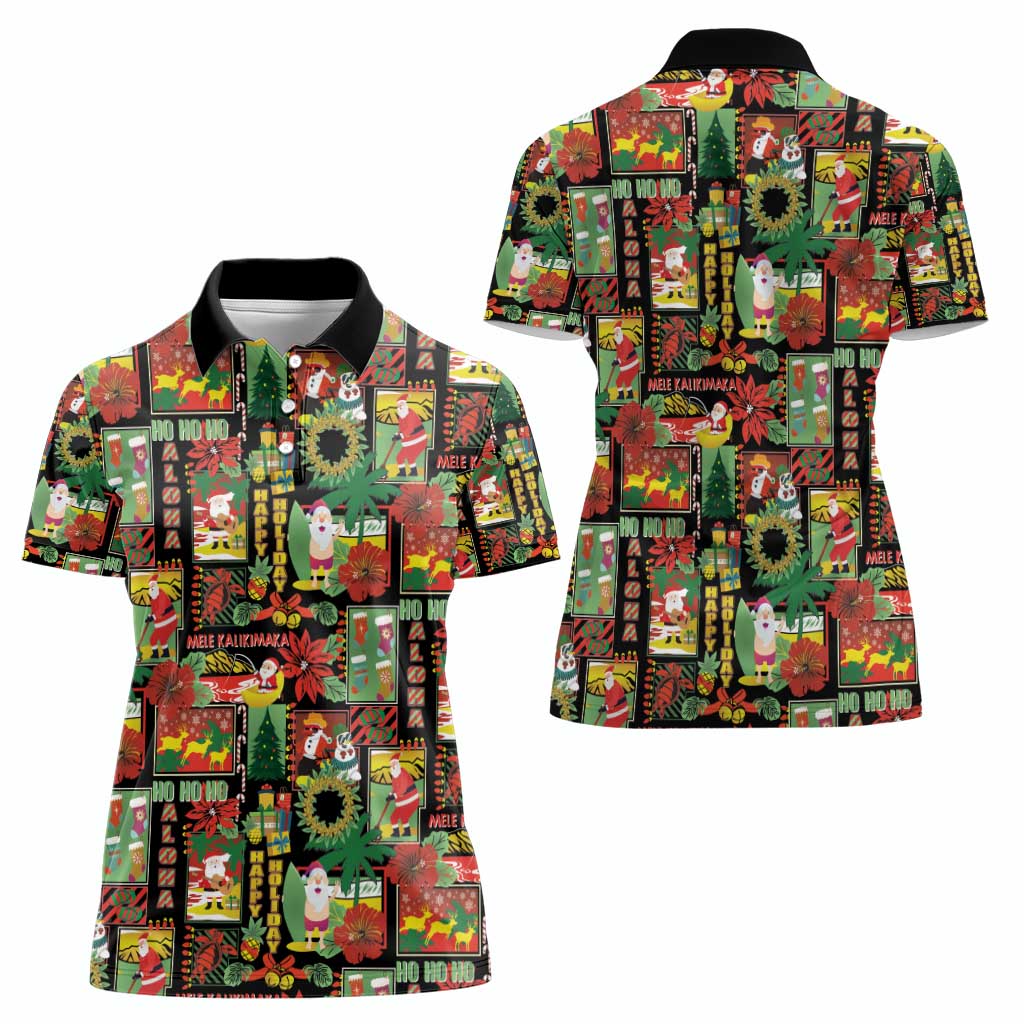 Hawaiian Santa Christmas Pattern Women Polo Shirt Black Version - Polynesian Pride