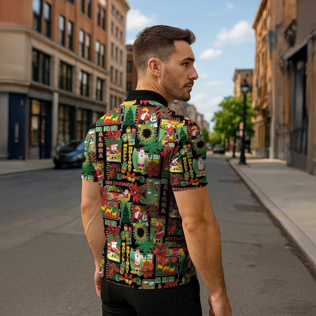 Hawaiian Santa Christmas Pattern Zipper Polo Shirt Black Version - Polynesian Pride