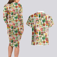 Hawaiian Santa Christmas Pattern Couples Matching Long Sleeve Bodycon Dress and Hawaiian Shirt White Version - Polynesian Pride