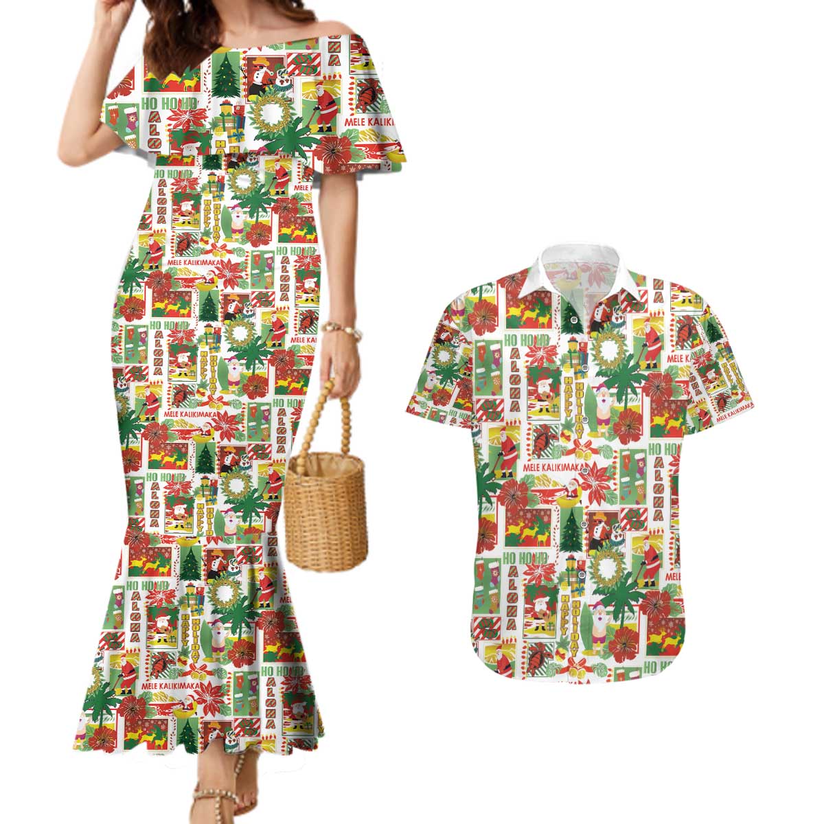 Hawaiian Santa Christmas Pattern Couples Matching Mermaid Dress and Hawaiian Shirt White Version - Polynesian Pride