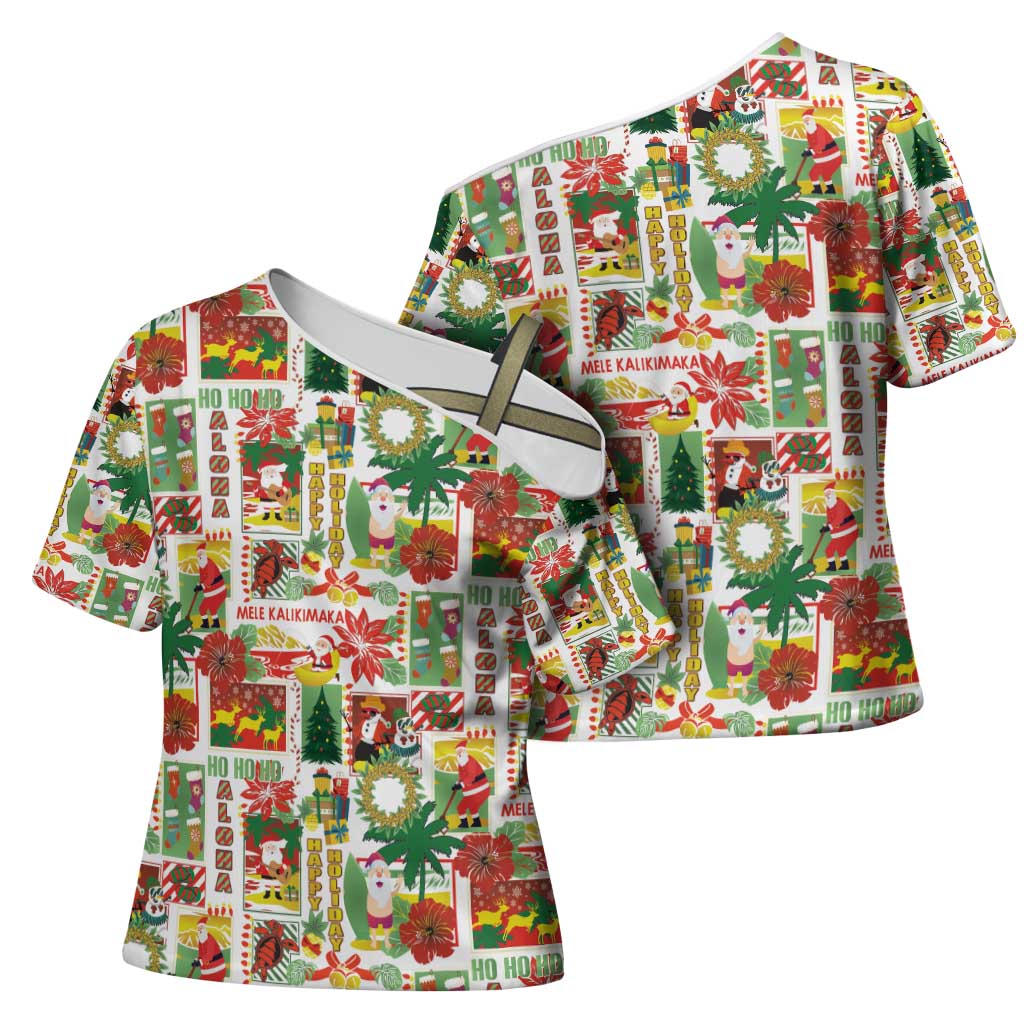 Hawaiian Santa Christmas Pattern Cross Shoulder Shirt White Version - Polynesian Pride