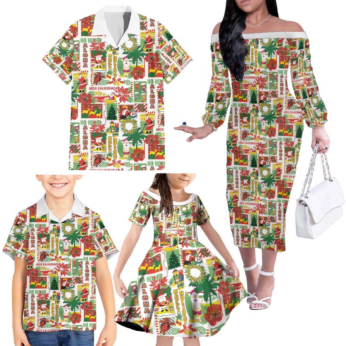 Hawaiian Santa Christmas Pattern Family Matching Off The Shoulder Long Sleeve Dress and Hawaiian Shirt White Version - Polynesian Pride