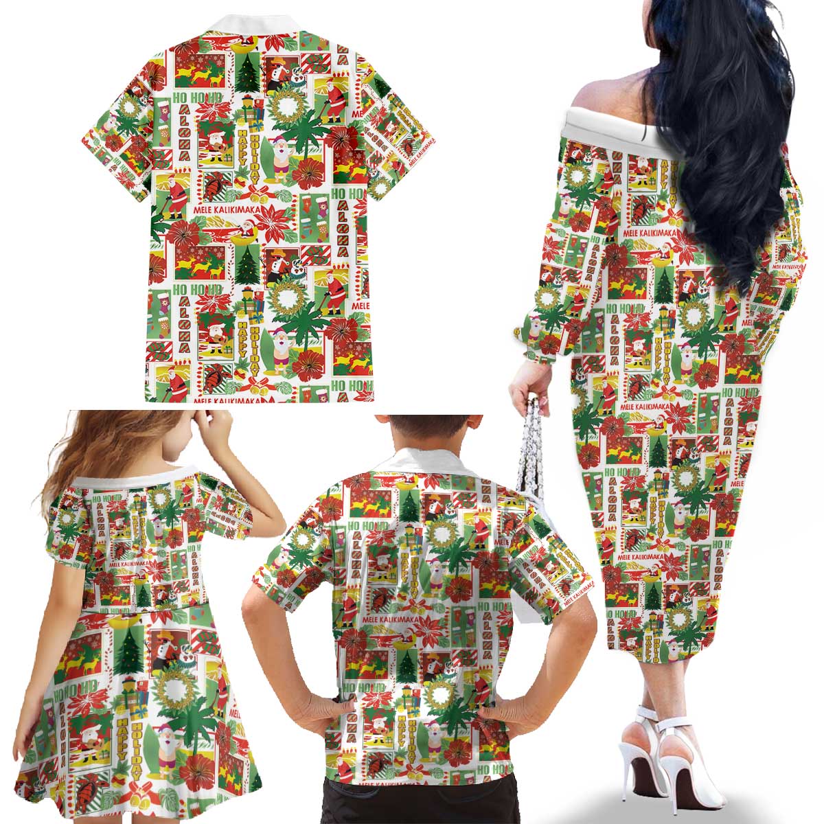 Hawaiian Santa Christmas Pattern Family Matching Off The Shoulder Long Sleeve Dress and Hawaiian Shirt White Version - Polynesian Pride