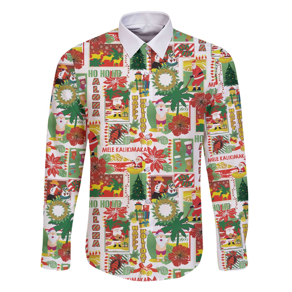 Hawaiian Santa Christmas Pattern Family Matching Off The Shoulder Long Sleeve Dress and Hawaiian Shirt White Version - Polynesian Pride