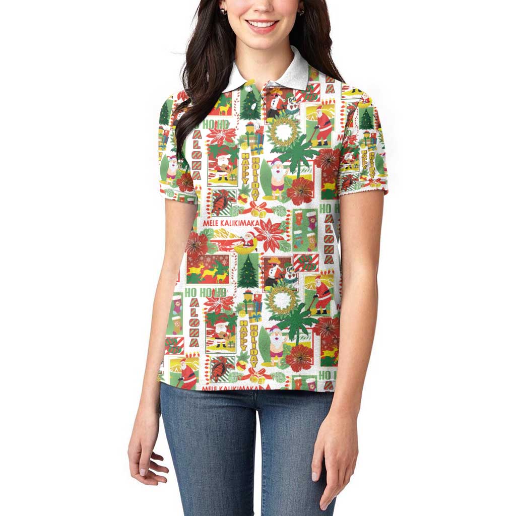 Hawaiian Santa Christmas Pattern Women Polo Shirt White Version - Polynesian Pride
