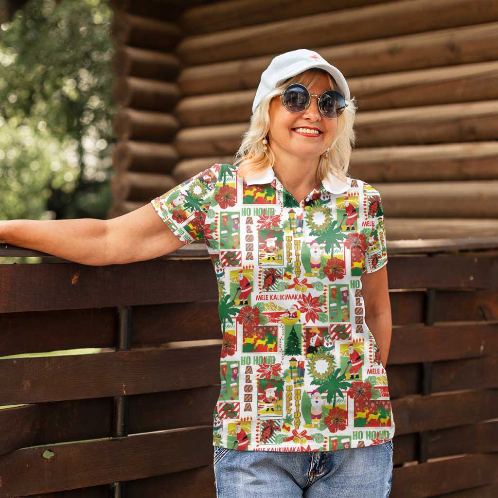 Hawaiian Santa Christmas Pattern Women Polo Shirt White Version - Polynesian Pride