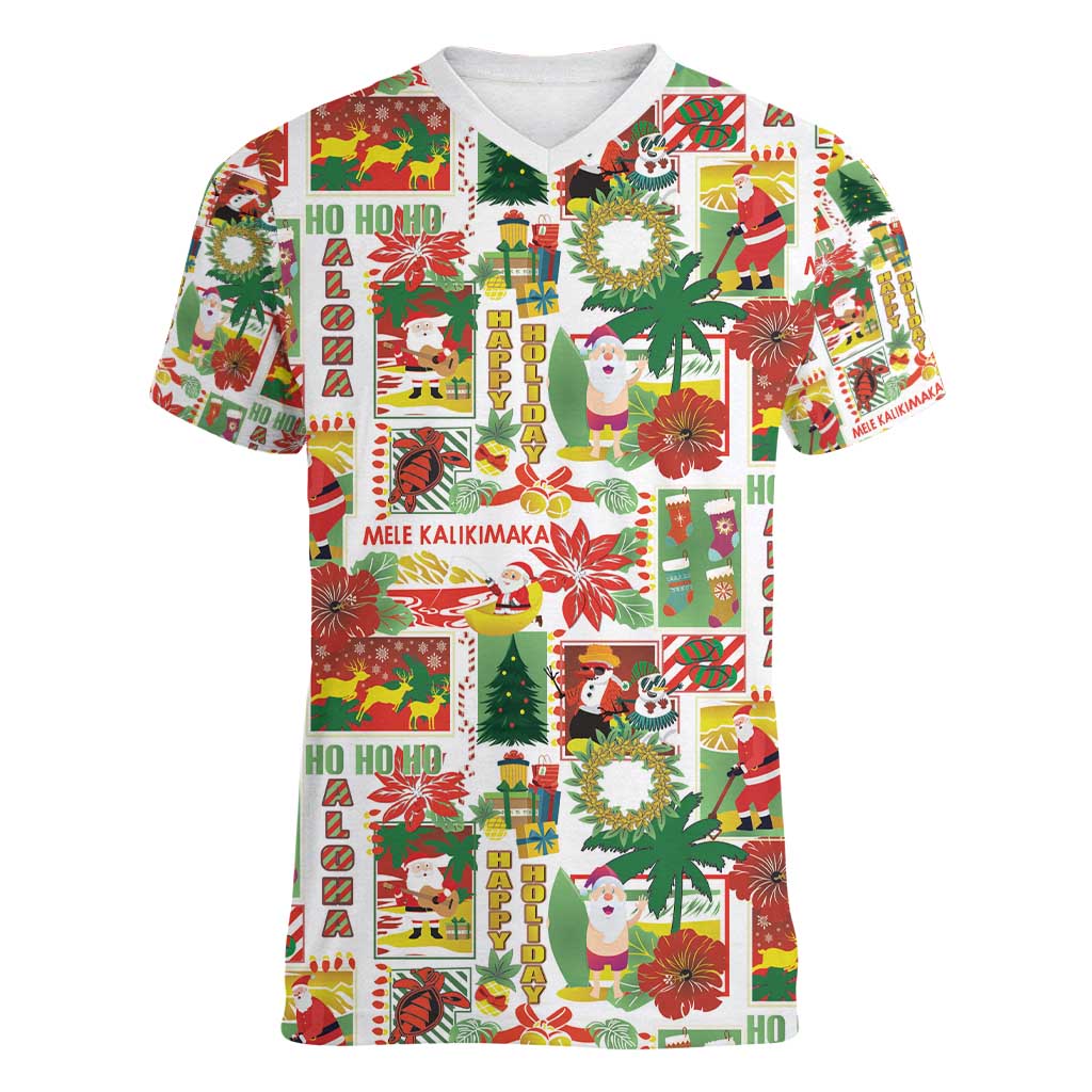 Hawaiian Santa Christmas Pattern Women V-Neck T-Shirt White Version - Polynesian Pride