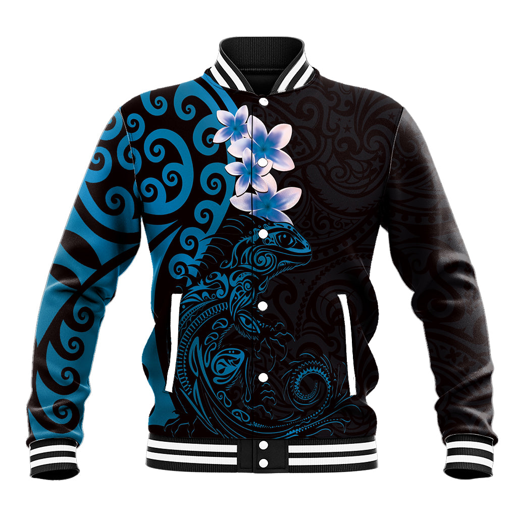 New Zealand Tuatara Plumeria Baseball Jacket Maori Blue Koru Tribal Tattoo
