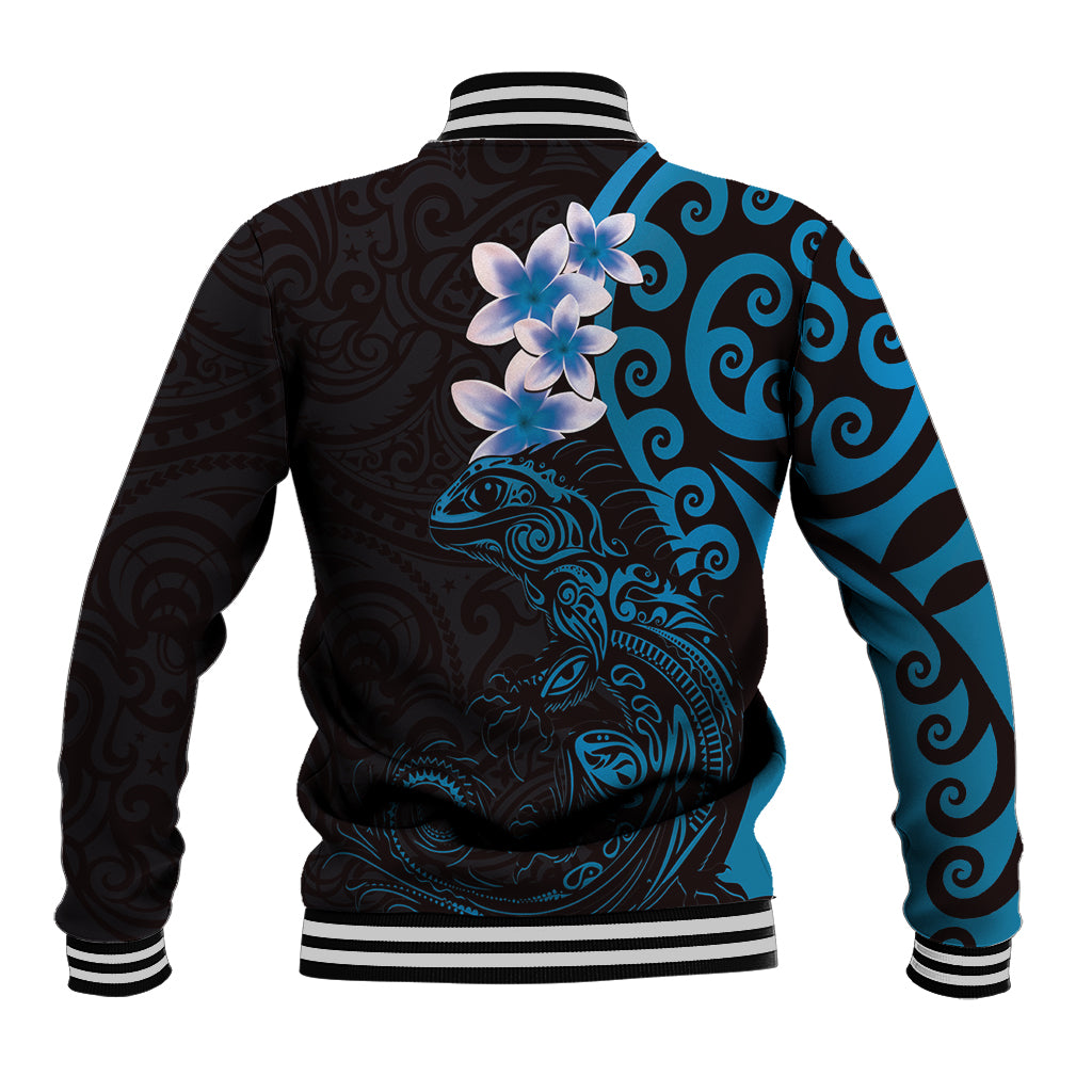 New Zealand Tuatara Plumeria Baseball Jacket Maori Blue Koru Tribal Tattoo