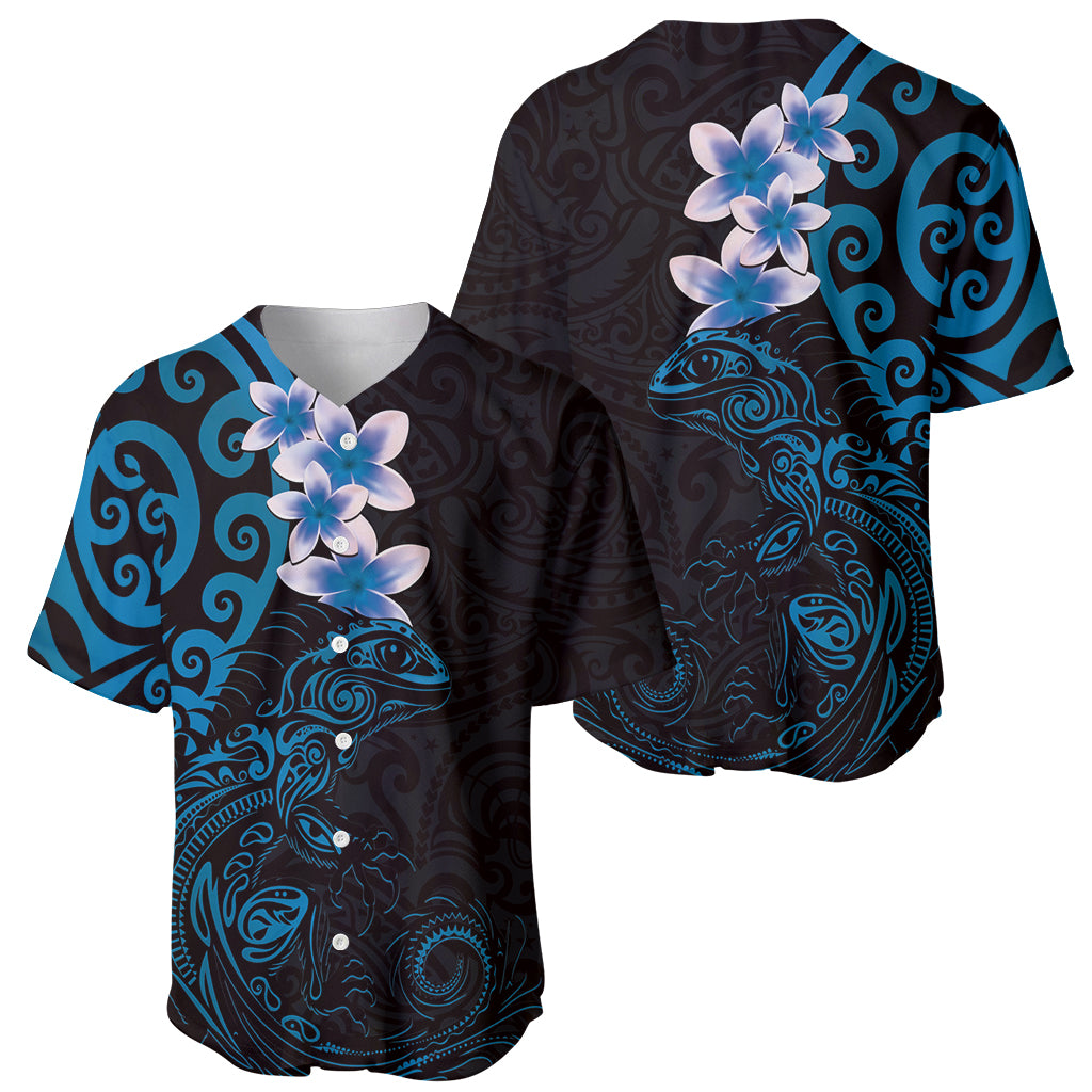 New Zealand Tuatara Plumeria Baseball Jersey Maori Blue Koru Tribal Tattoo