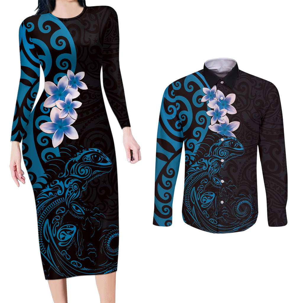New Zealand Tuatara Plumeria Couples Matching Long Sleeve Bodycon Dress and Long Sleeve Button Shirt Maori Blue Koru Tribal Tattoo