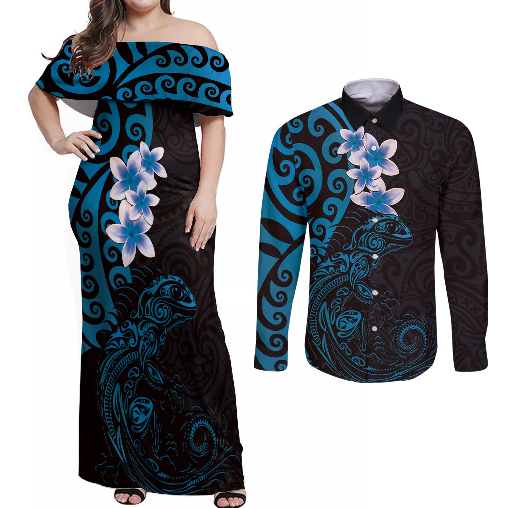 New Zealand Tuatara Plumeria Couples Matching Off Shoulder Maxi Dress and Long Sleeve Button Shirt Maori Blue Koru Tribal Tattoo