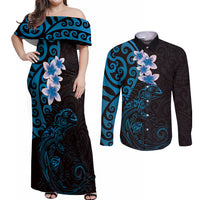 New Zealand Tuatara Plumeria Couples Matching Off Shoulder Maxi Dress and Long Sleeve Button Shirt Maori Blue Koru Tribal Tattoo