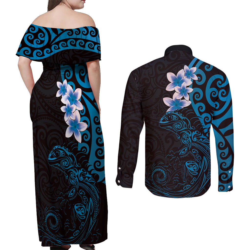 New Zealand Tuatara Plumeria Couples Matching Off Shoulder Maxi Dress and Long Sleeve Button Shirt Maori Blue Koru Tribal Tattoo