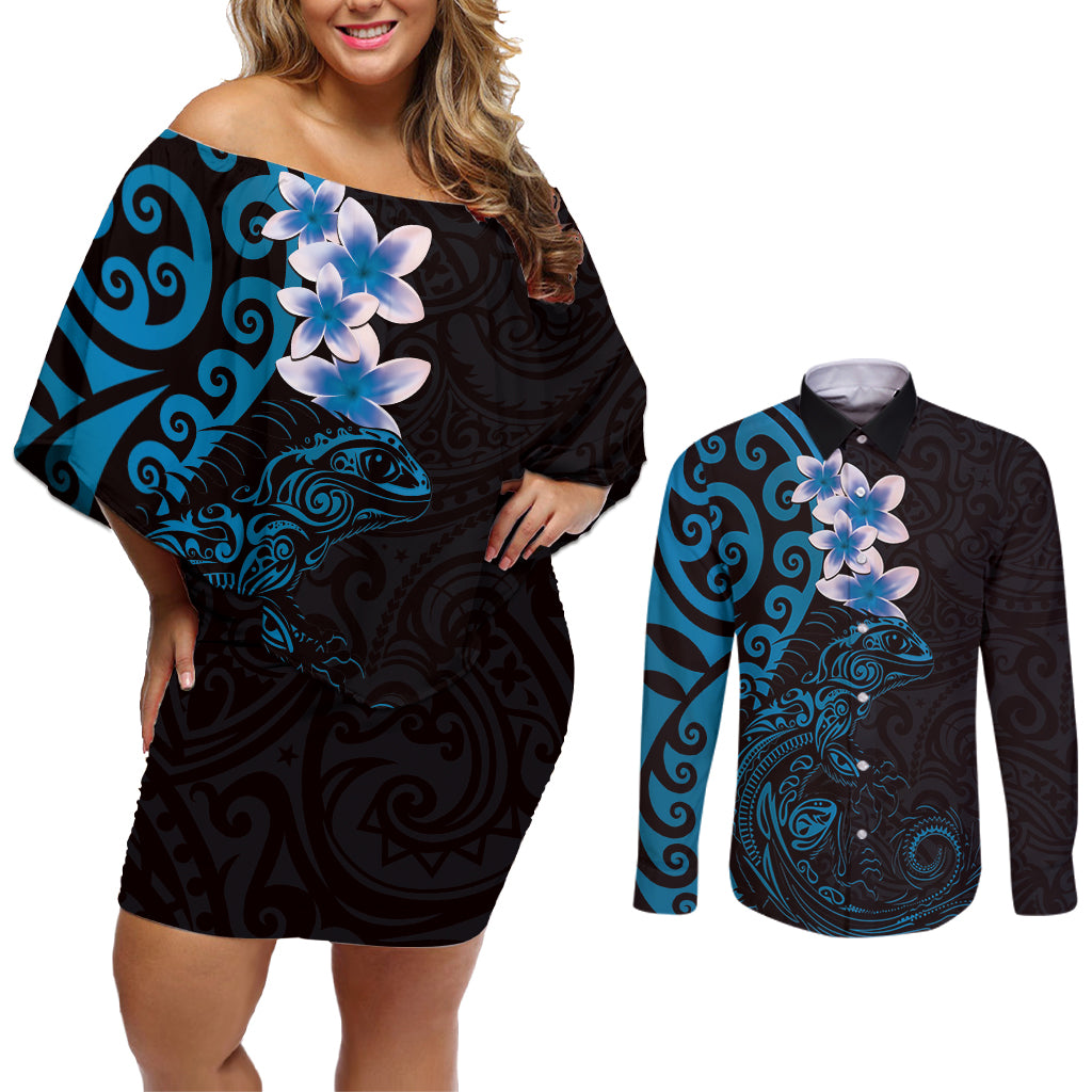 New Zealand Tuatara Plumeria Couples Matching Off Shoulder Short Dress and Long Sleeve Button Shirt Maori Blue Koru Tribal Tattoo