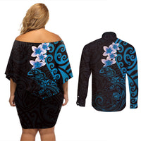 New Zealand Tuatara Plumeria Couples Matching Off Shoulder Short Dress and Long Sleeve Button Shirt Maori Blue Koru Tribal Tattoo