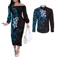 New Zealand Tuatara Plumeria Couples Matching Off The Shoulder Long Sleeve Dress and Long Sleeve Button Shirt Maori Blue Koru Tribal Tattoo