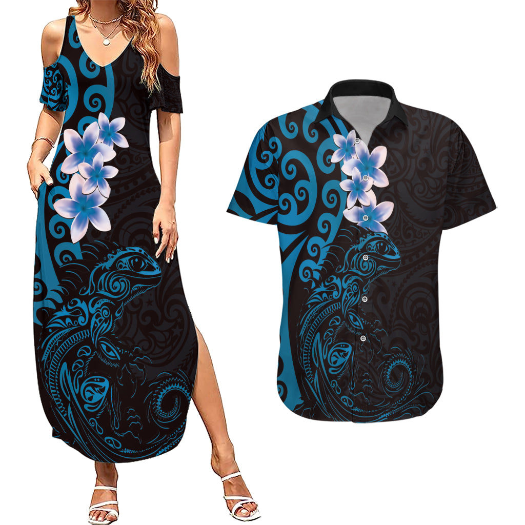 New Zealand Tuatara Plumeria Couples Matching Summer Maxi Dress and Hawaiian Shirt Maori Blue Koru Tribal Tattoo