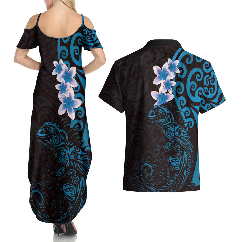 New Zealand Tuatara Plumeria Couples Matching Summer Maxi Dress and Hawaiian Shirt Maori Blue Koru Tribal Tattoo
