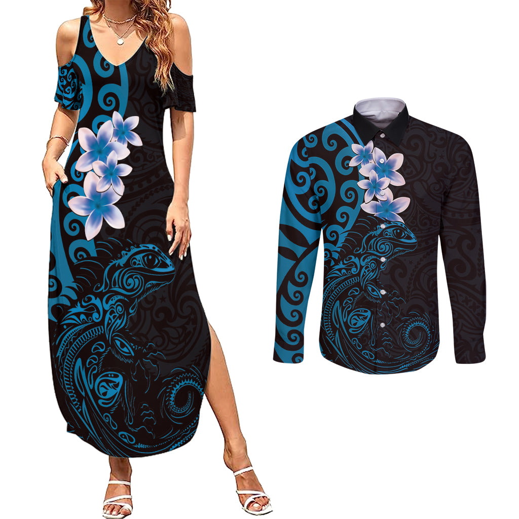New Zealand Tuatara Plumeria Couples Matching Summer Maxi Dress and Long Sleeve Button Shirt Maori Blue Koru Tribal Tattoo