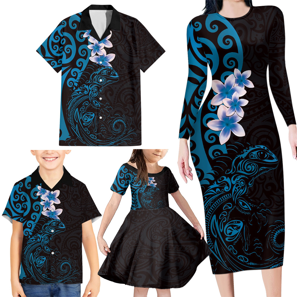 New Zealand Tuatara Plumeria Family Matching Long Sleeve Bodycon Dress and Hawaiian Shirt Maori Blue Koru Tribal Tattoo LT01 - Polynesian Pride