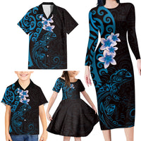 New Zealand Tuatara Plumeria Family Matching Long Sleeve Bodycon Dress and Hawaiian Shirt Maori Blue Koru Tribal Tattoo LT01 - Polynesian Pride