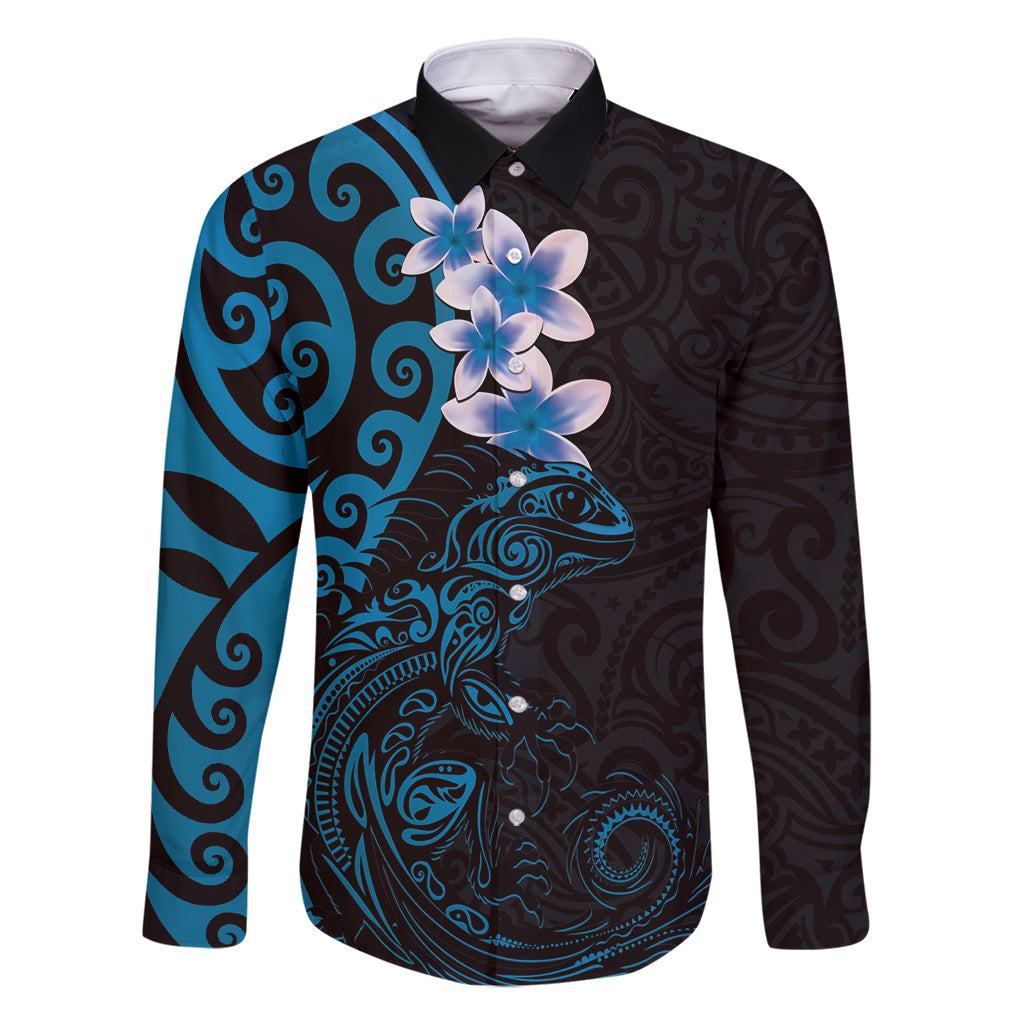 New Zealand Tuatara Plumeria Family Matching Long Sleeve Bodycon Dress and Hawaiian Shirt Maori Blue Koru Tribal Tattoo LT01 Dad's Shirt - Long Sleeve Blue - Polynesian Pride