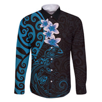 New Zealand Tuatara Plumeria Family Matching Long Sleeve Bodycon Dress and Hawaiian Shirt Maori Blue Koru Tribal Tattoo LT01 Dad's Shirt - Long Sleeve Blue - Polynesian Pride