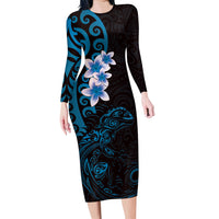New Zealand Tuatara Plumeria Family Matching Long Sleeve Bodycon Dress and Hawaiian Shirt Maori Blue Koru Tribal Tattoo LT01 Mom's Dress Blue - Polynesian Pride