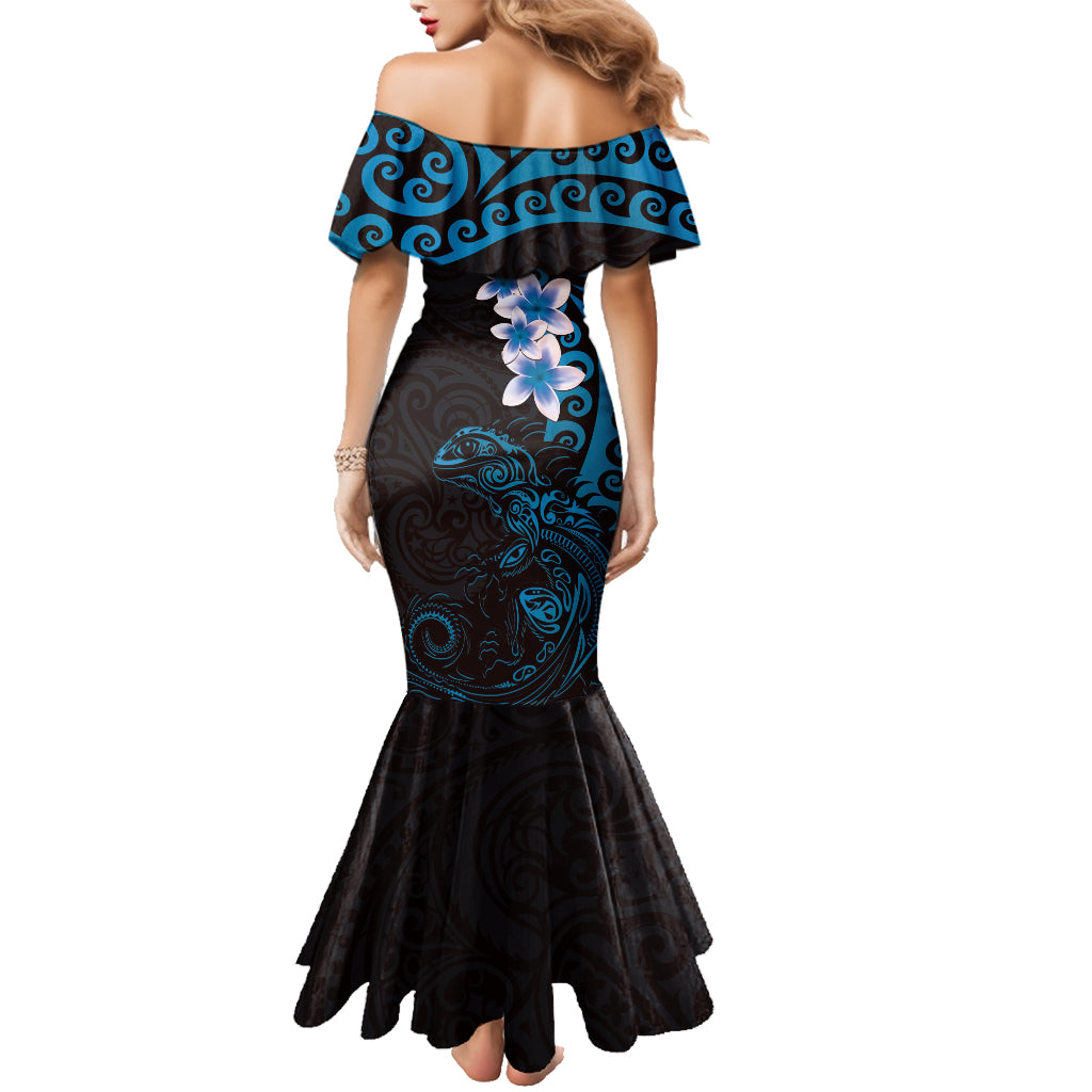 New Zealand Tuatara Plumeria Family Matching Mermaid Dress and Hawaiian Shirt Maori Blue Koru Tribal Tattoo