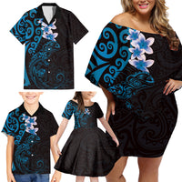 New Zealand Tuatara Plumeria Family Matching Off Shoulder Short Dress and Hawaiian Shirt Maori Blue Koru Tribal Tattoo LT01 - Polynesian Pride